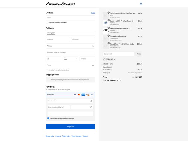 American Standard checkout page showing American Standard promo code box | Screenshot taken by SimplyCodes community member on Sep 2, 2025