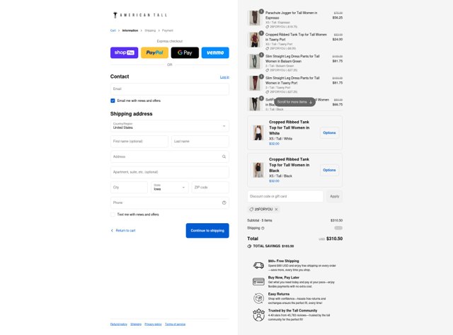 American Tall checkout page showing American Tall discount code box | Screenshot taken by SimplyCodes community member on Aug 23, 2025