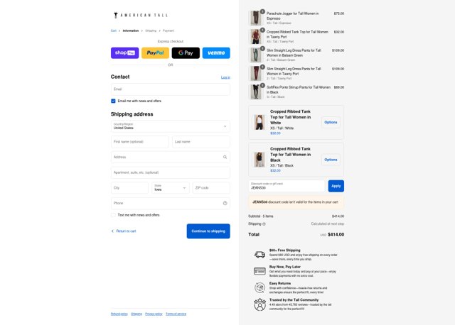American Tall checkout page showing American Tall discount code box | Screenshot taken by SimplyCodes community member on Aug 24, 2025