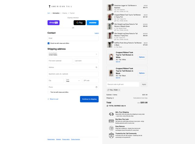 American Tall checkout page showing American Tall discount code box | Screenshot taken by SimplyCodes community member on Aug 24, 2025