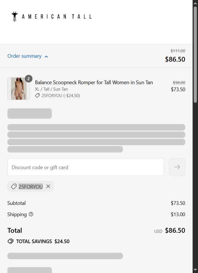 American Tall checkout page showing American Tall discount code box | Screenshot taken by SimplyCodes community member on Aug 27, 2025