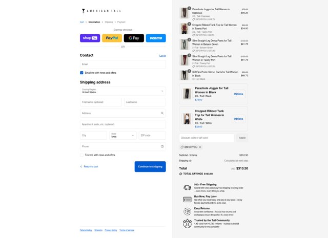 American Tall checkout page showing American Tall discount code box | Screenshot taken by SimplyCodes community member on Aug 27, 2025