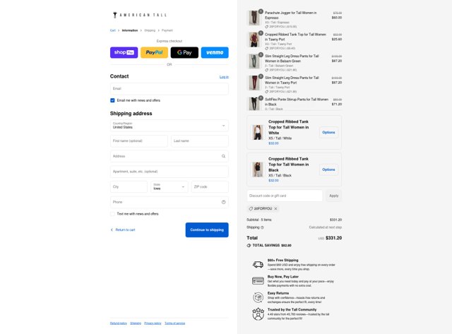 American Tall checkout page showing American Tall discount code box | Screenshot taken by SimplyCodes community member on Aug 24, 2025