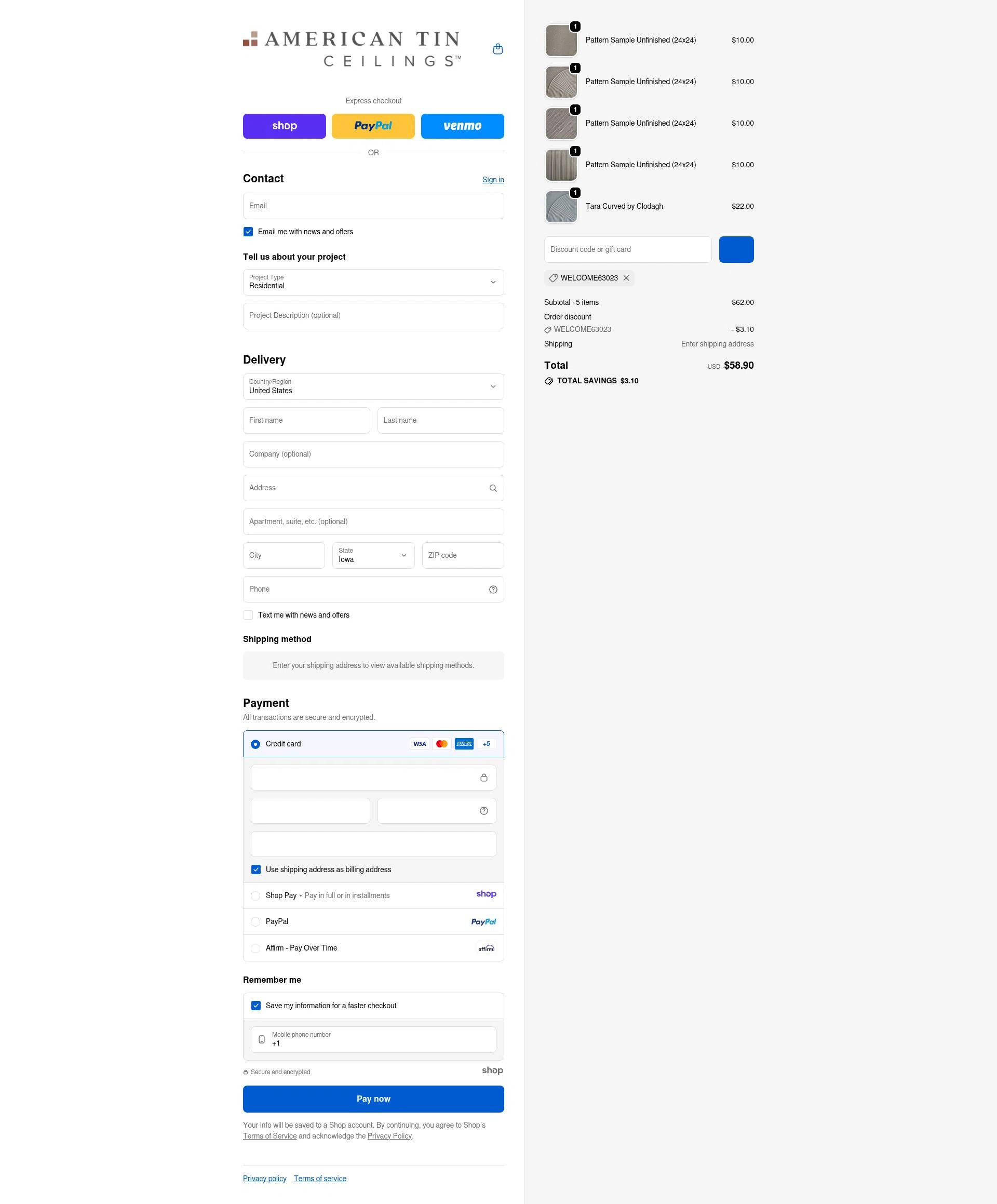 American Tin Ceilings checkout page showing American Tin Ceilings discount code box | Screenshot taken by SimplyCodes community member on Jan 4, 2026