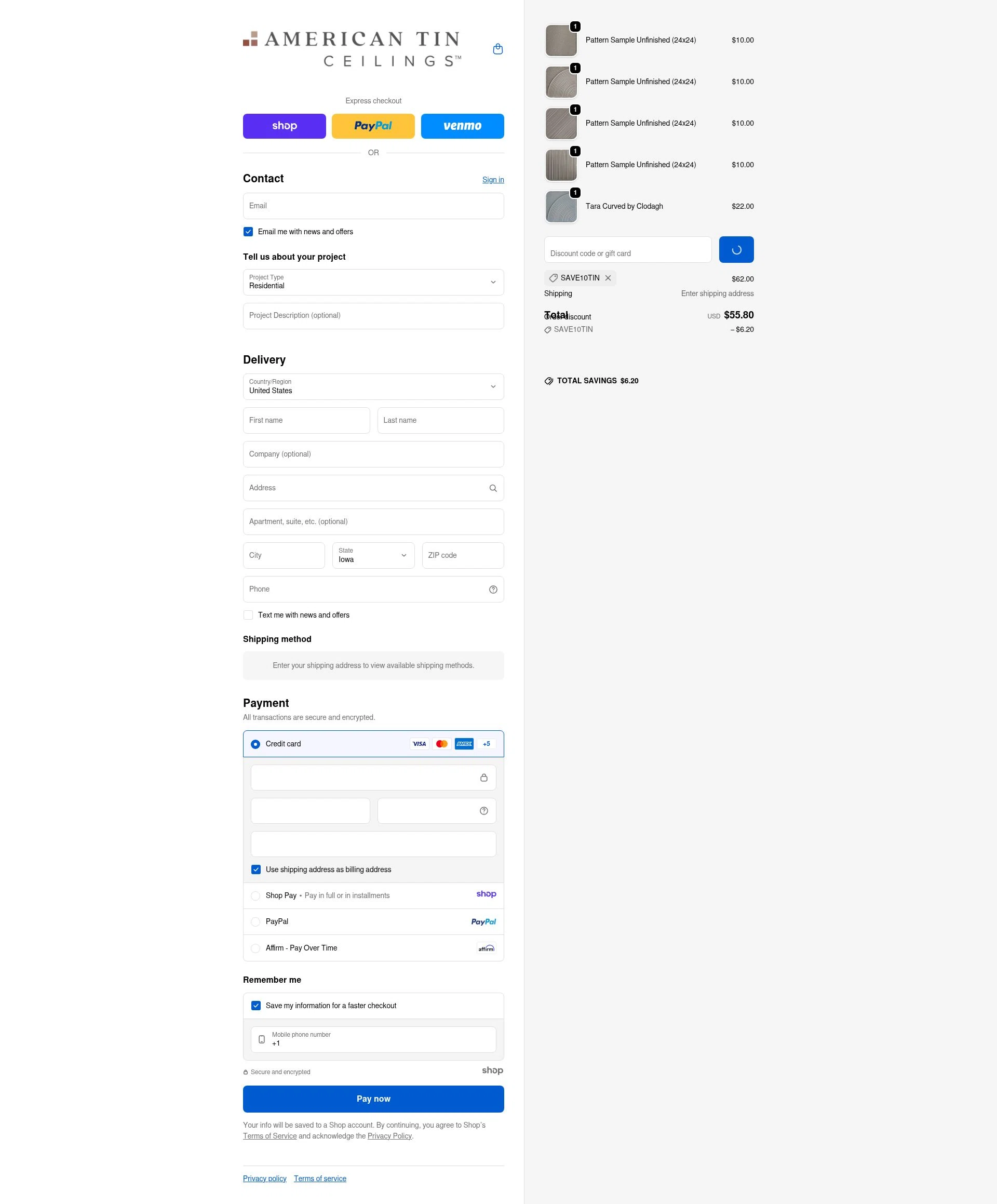 American Tin Ceilings checkout page showing American Tin Ceilings discount code box | Screenshot taken by SimplyCodes community member on Jan 4, 2026