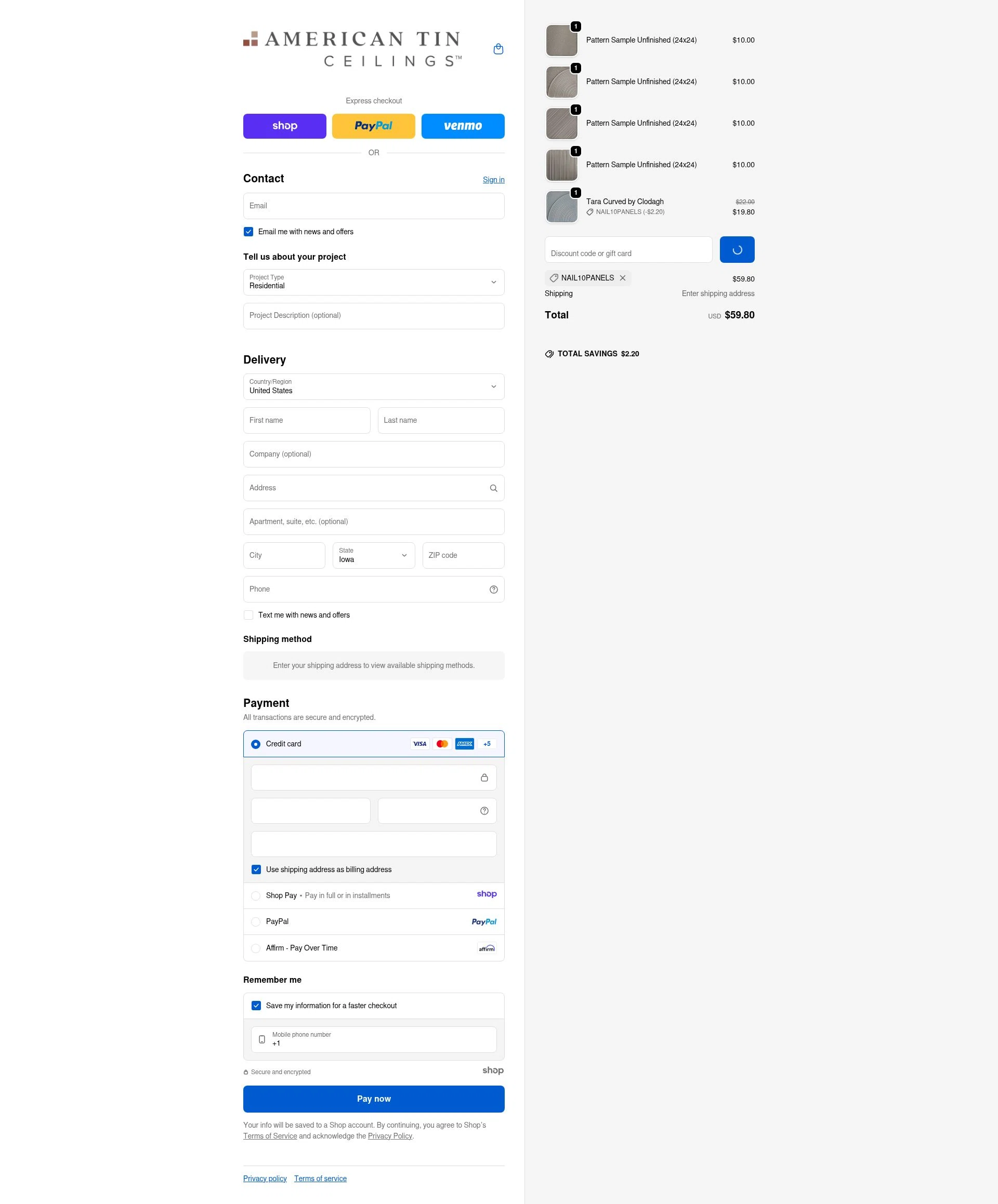 American Tin Ceilings checkout page showing American Tin Ceilings discount code box | Screenshot taken by SimplyCodes community member on Jan 4, 2026