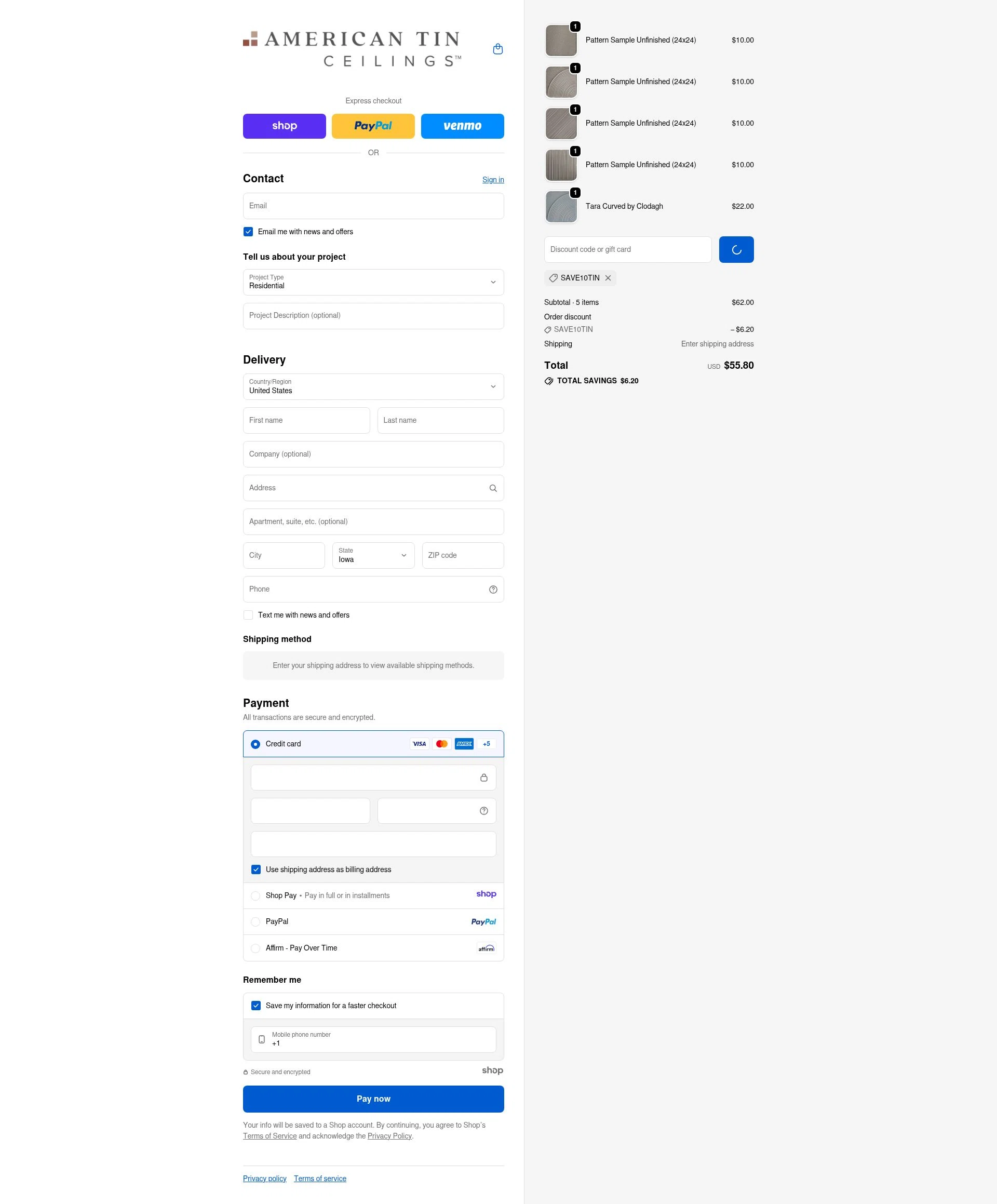 American Tin Ceilings checkout page showing American Tin Ceilings discount code box | Screenshot taken by SimplyCodes community member on Dec 30, 2025