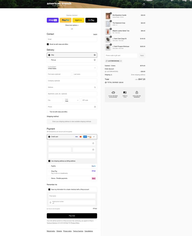 American Trench checkout page showing American Trench discount code box | Screenshot taken by SimplyCodes community member on Aug 23, 2025