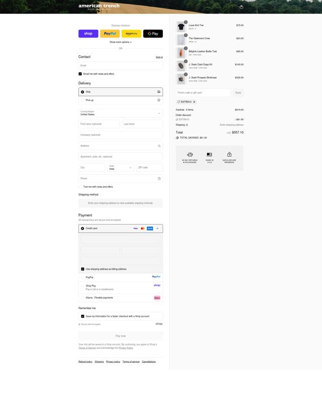 American Trench checkout page showing American Trench discount code box | Screenshot taken by SimplyCodes community member on Sep 13, 2025