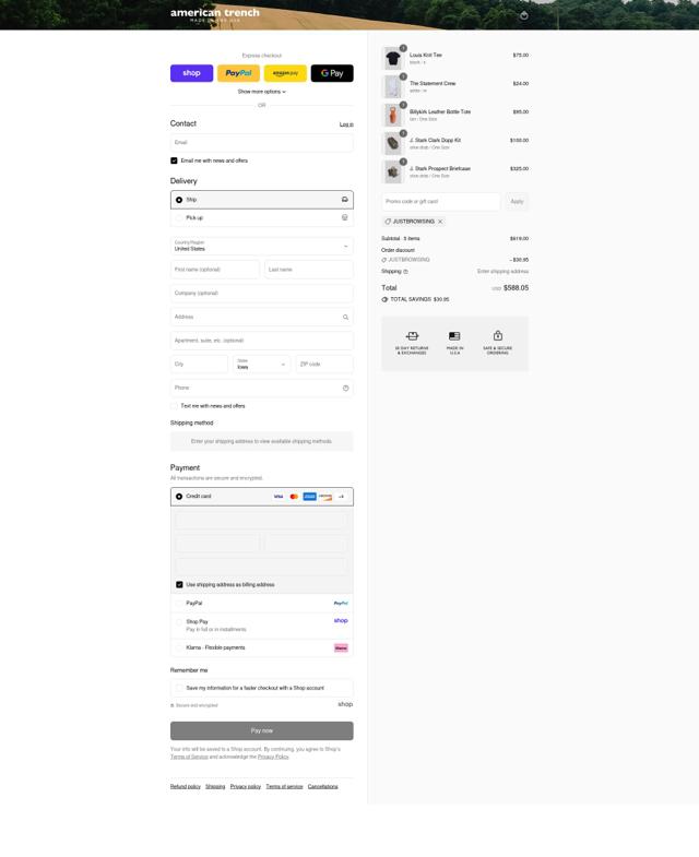 American Trench checkout page showing American Trench discount code box | Screenshot taken by SimplyCodes community member on Sep 9, 2025