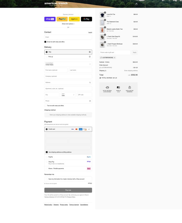 American Trench checkout page showing American Trench discount code box | Screenshot taken by SimplyCodes community member on Aug 27, 2025