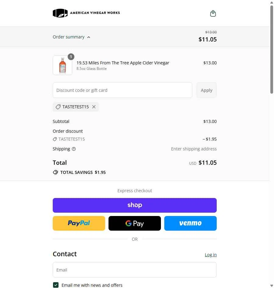 American Vinegar Works checkout page showing American Vinegar Works promo code box | Screenshot taken by SimplyCodes community member on Aug 29, 2025