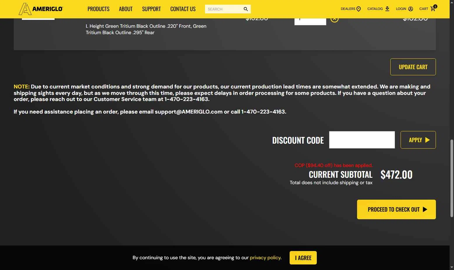AmeriGlo checkout page showing AmeriGlo discount code box | Screenshot taken by SimplyCodes community member on May 1, 2025