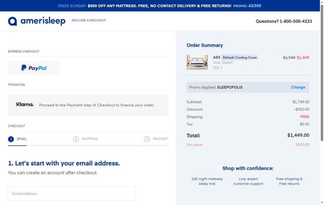 Amerisleep checkout page showing Amerisleep promo code box | Screenshot taken by SimplyCodes community member on Aug 2, 2025