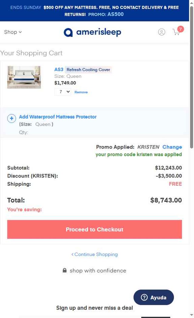Amerisleep checkout page showing Amerisleep promo code box | Screenshot taken by SimplyCodes community member on Aug 5, 2025