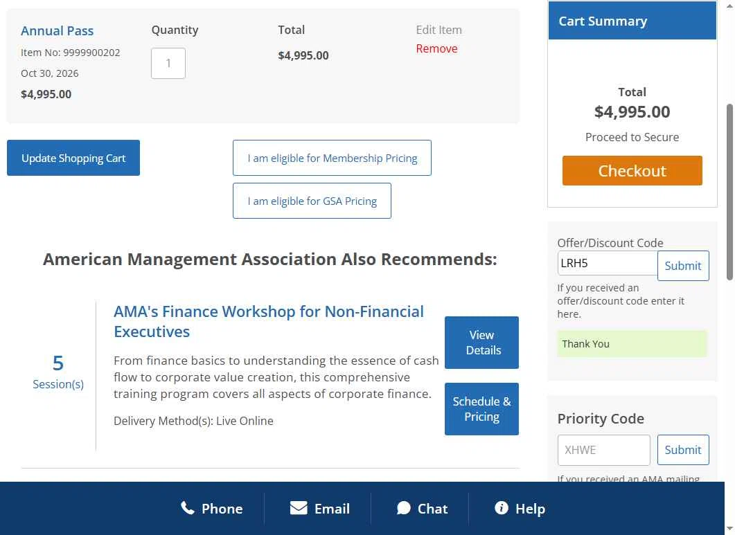 American Management Association checkout page showing American Management Association discount code box | Screenshot taken by SimplyCodes community member on Oct 28, 2025