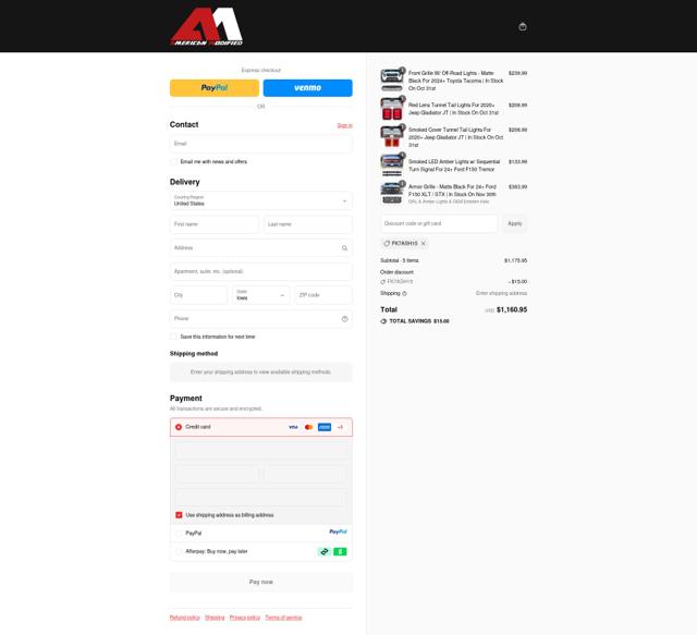 AMERICAN MODIFIED checkout page showing AMERICAN MODIFIED promo code box | Screenshot taken by SimplyCodes community member on Sep 17, 2025