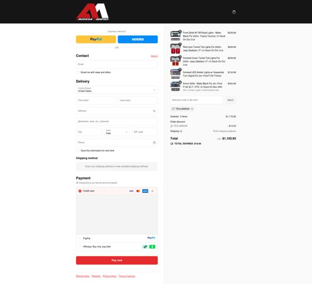 AMERICAN MODIFIED checkout page showing AMERICAN MODIFIED promo code box | Screenshot taken by SimplyCodes community member on Sep 17, 2025