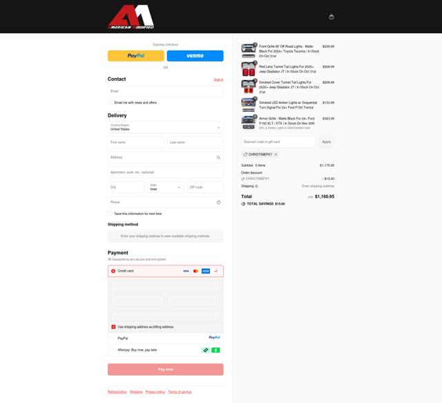 AMERICAN MODIFIED checkout page showing AMERICAN MODIFIED promo code box | Screenshot taken by SimplyCodes community member on Sep 17, 2025