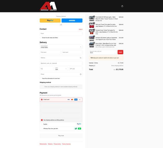AMERICAN MODIFIED checkout page showing AMERICAN MODIFIED promo code box | Screenshot taken by SimplyCodes community member on Sep 17, 2025
