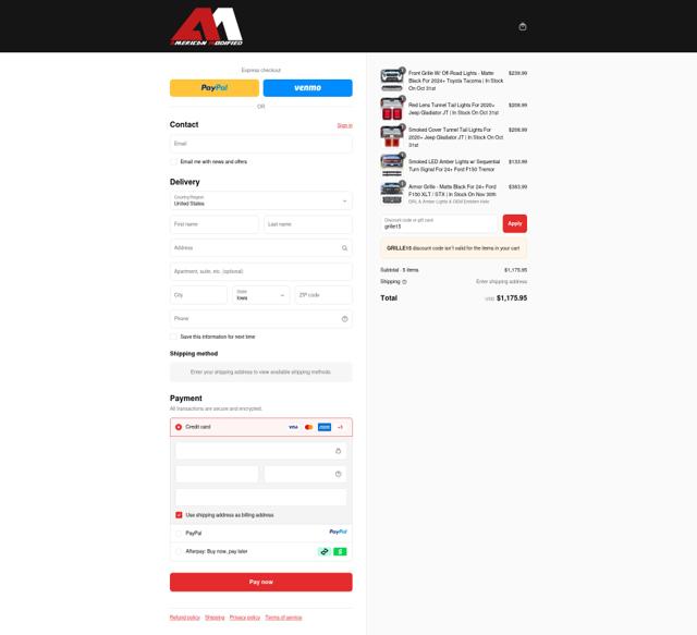 AMERICAN MODIFIED checkout page showing AMERICAN MODIFIED promo code box | Screenshot taken by SimplyCodes community member on Sep 17, 2025