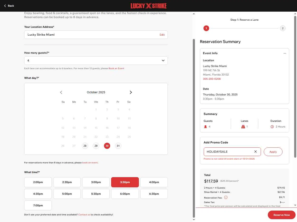 AMF Bowling Lanes checkout page showing AMF Bowling Lanes promo code box | Screenshot taken by SimplyCodes community member on Oct 28, 2025