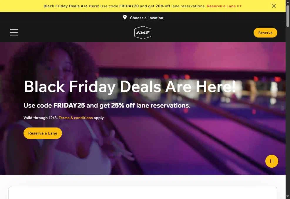 AMF Bowling Lanes checkout page showing AMF Bowling Lanes promo code box | Screenshot taken by SimplyCodes community member on Nov 28, 2025