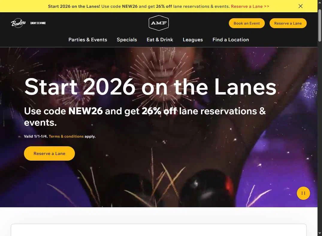 AMF Bowling Lanes checkout page showing AMF Bowling Lanes promo code box | Screenshot taken by SimplyCodes community member on Jan 1, 2026