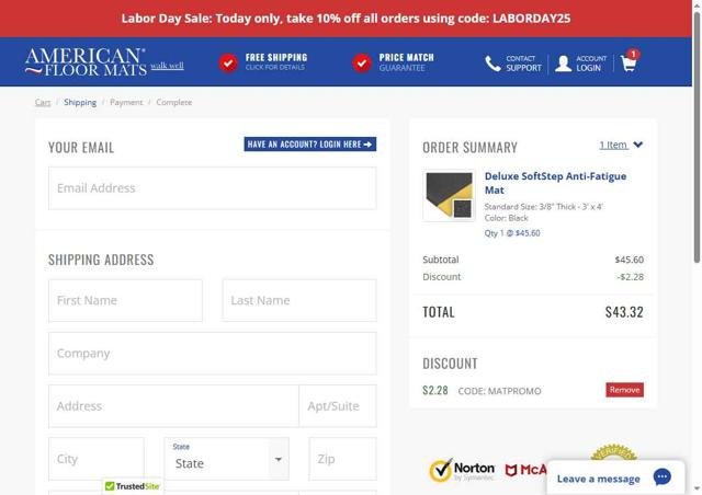 American Floor Mats checkout page showing American Floor Mats coupon code box | Screenshot taken by SimplyCodes community member on Aug 31, 2025