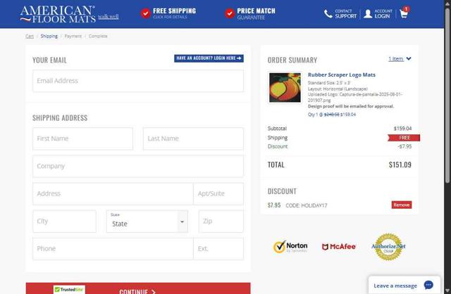 American Floor Mats checkout page showing American Floor Mats coupon code box | Screenshot taken by SimplyCodes community member on Aug 2, 2025