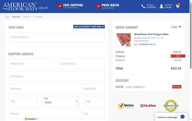American Floor Mats checkout page showing American Floor Mats coupon code box | Screenshot taken by SimplyCodes community member on Aug 2, 2025