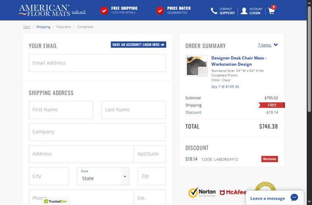 American Floor Mats checkout page showing American Floor Mats coupon code box | Screenshot taken by SimplyCodes community member on Sep 11, 2025