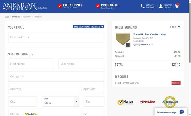 American Floor Mats checkout page showing American Floor Mats coupon code box | Screenshot taken by SimplyCodes community member on Aug 2, 2025