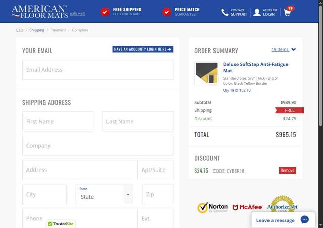 American Floor Mats checkout page showing American Floor Mats coupon code box | Screenshot taken by SimplyCodes community member on Aug 2, 2025