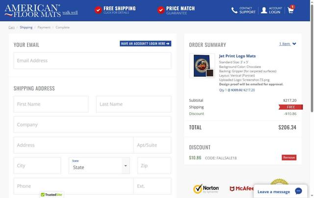 American Floor Mats checkout page showing American Floor Mats coupon code box | Screenshot taken by SimplyCodes community member on Aug 2, 2025