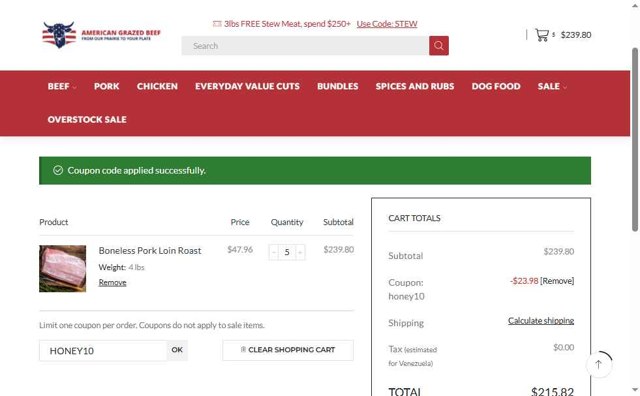 American Grazed Beef checkout page showing American Grazed Beef coupon code box | Screenshot taken by SimplyCodes community member on Aug 18, 2025