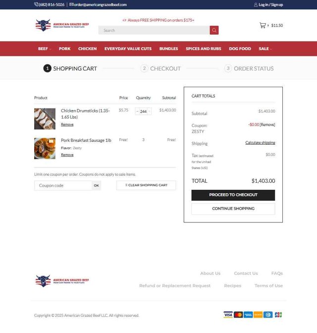 American Grazed Beef checkout page showing American Grazed Beef coupon code box | Screenshot taken by SimplyCodes community member on Jul 5, 2025