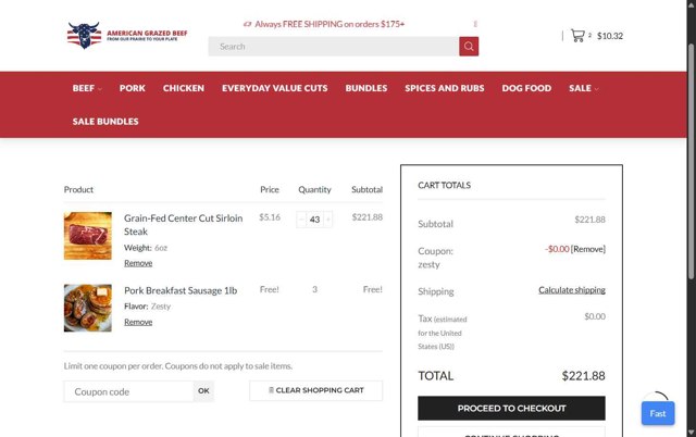 American Grazed Beef checkout page showing American Grazed Beef coupon code box | Screenshot taken by SimplyCodes community member on Aug 3, 2025