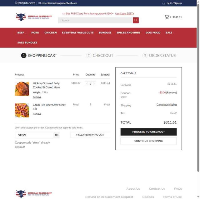 American Grazed Beef checkout page showing American Grazed Beef coupon code box | Screenshot taken by SimplyCodes community member on Aug 3, 2025