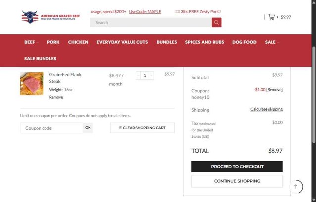 American Grazed Beef checkout page showing American Grazed Beef coupon code box | Screenshot taken by SimplyCodes community member on Aug 4, 2025