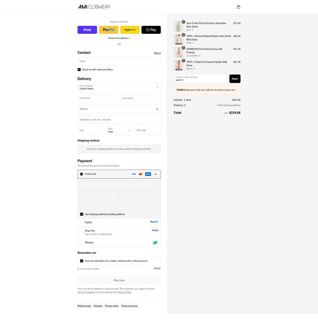 AMI Clubwear checkout page showing AMI Clubwear discount code box | Screenshot taken by SimplyCodes community member on Sep 11, 2025