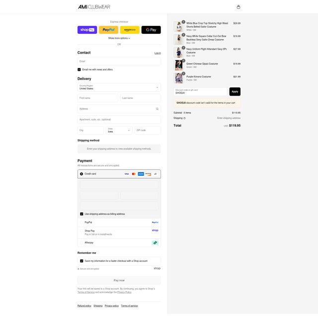 AMI Clubwear checkout page showing AMI Clubwear discount code box | Screenshot taken by SimplyCodes community member on Aug 25, 2025