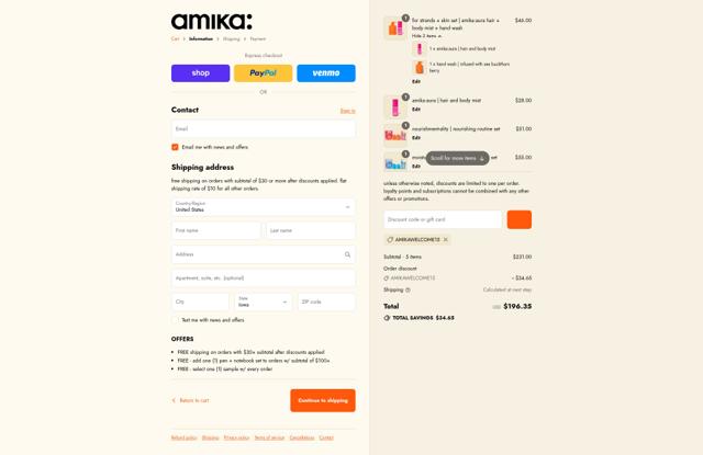 Amika checkout page showing Amika coupon code box | Screenshot taken by SimplyCodes community member on Sep 12, 2025