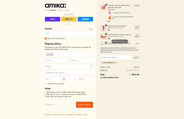 Amika checkout page showing Amika coupon code box | Screenshot taken by SimplyCodes community member on Sep 12, 2025
