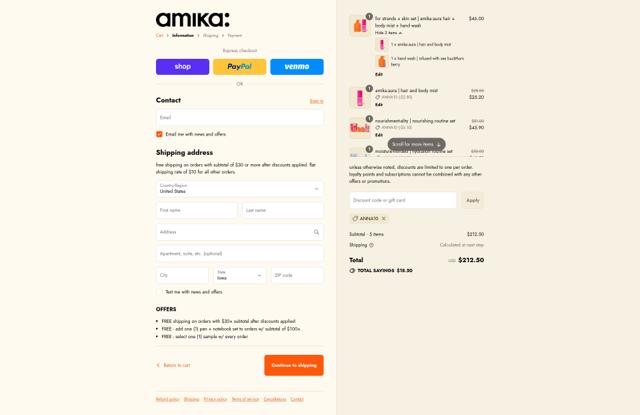 Amika checkout page showing Amika coupon code box | Screenshot taken by SimplyCodes community member on Sep 12, 2025