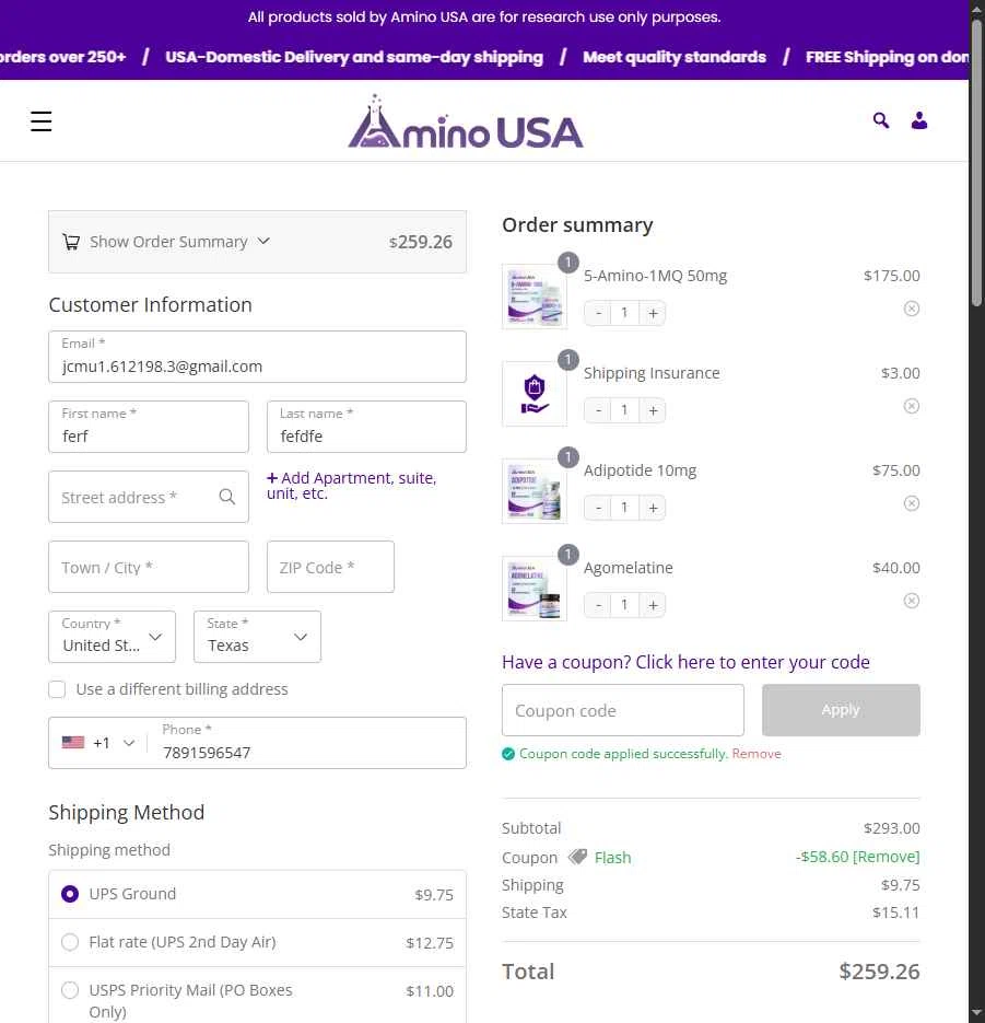 Amino USA checkout page showing Amino USA discount code box | Screenshot taken by SimplyCodes community member on Jan 16, 2026