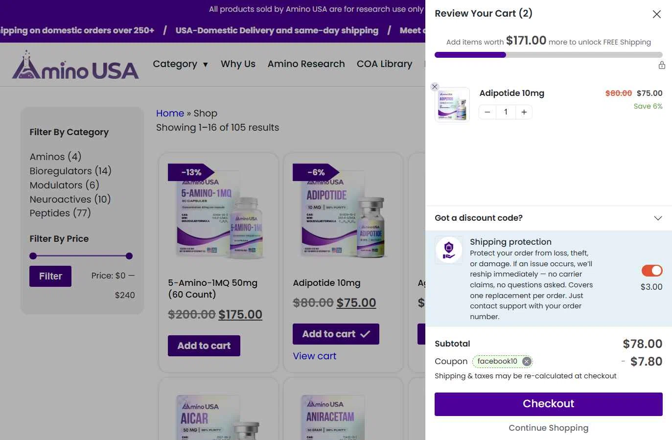 Amino USA checkout page showing Amino USA discount code box | Screenshot taken by SimplyCodes community member on Jan 31, 2026