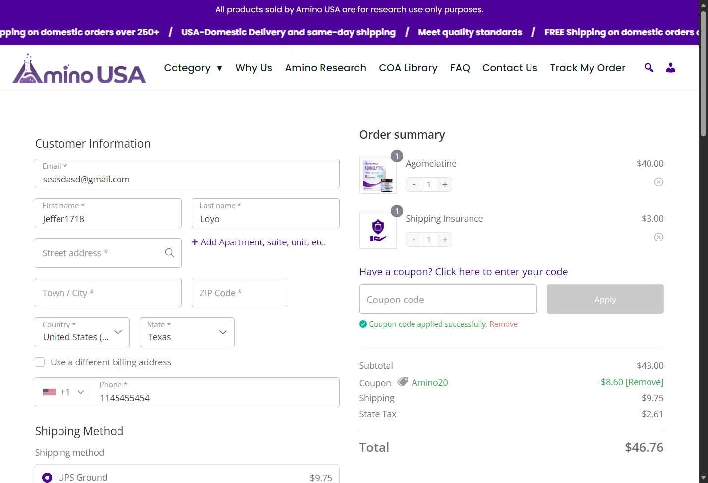 Amino USA checkout page showing Amino USA discount code box | Screenshot taken by SimplyCodes community member on Jan 9, 2026