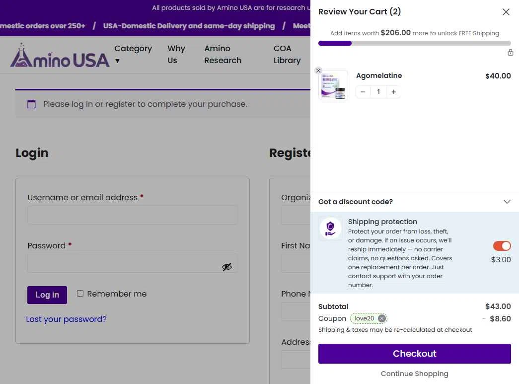 Amino USA checkout page showing Amino USA discount code box | Screenshot taken by SimplyCodes community member on Feb 6, 2026