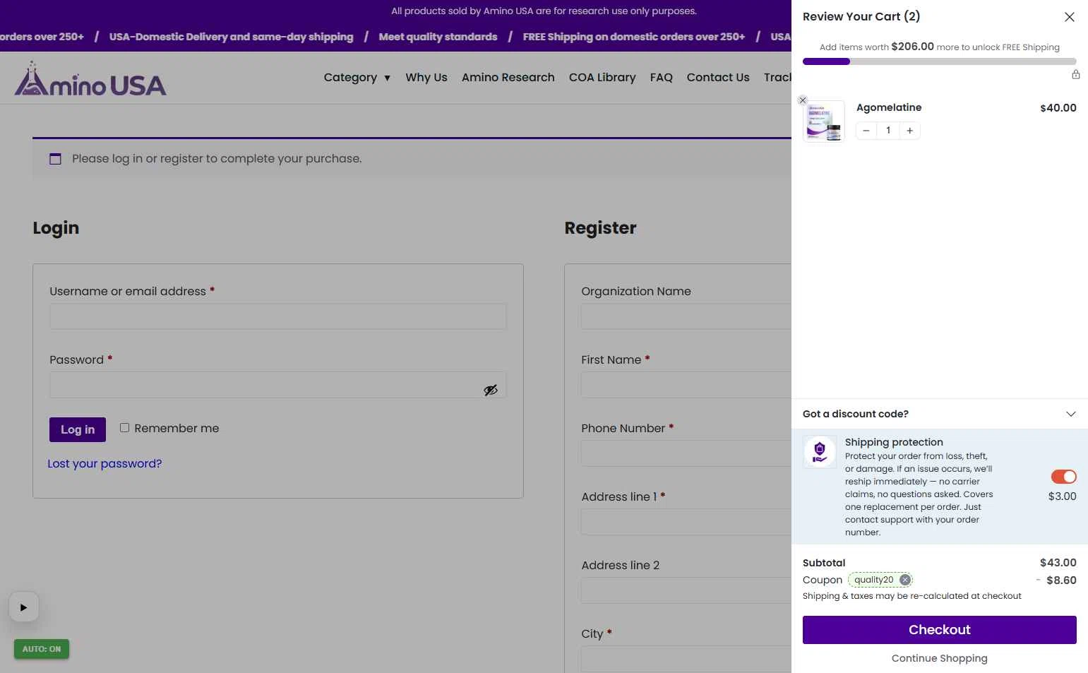 Amino USA checkout page showing Amino USA discount code box | Screenshot taken by SimplyCodes community member on Jan 9, 2026